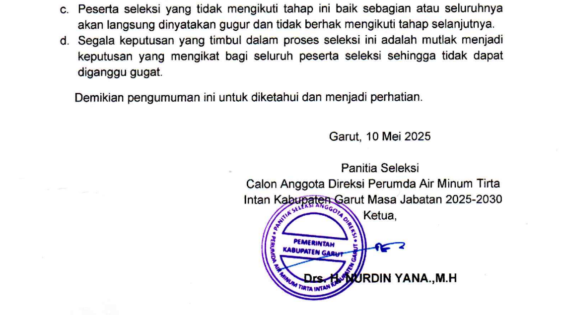 Diduga Ada Kepentingan! GLMPK Bongkar Kekacauan Ralat Pengumuman Hasil Seleksi Administrasi Calon Direksi PDAM Tirta Intan Garut